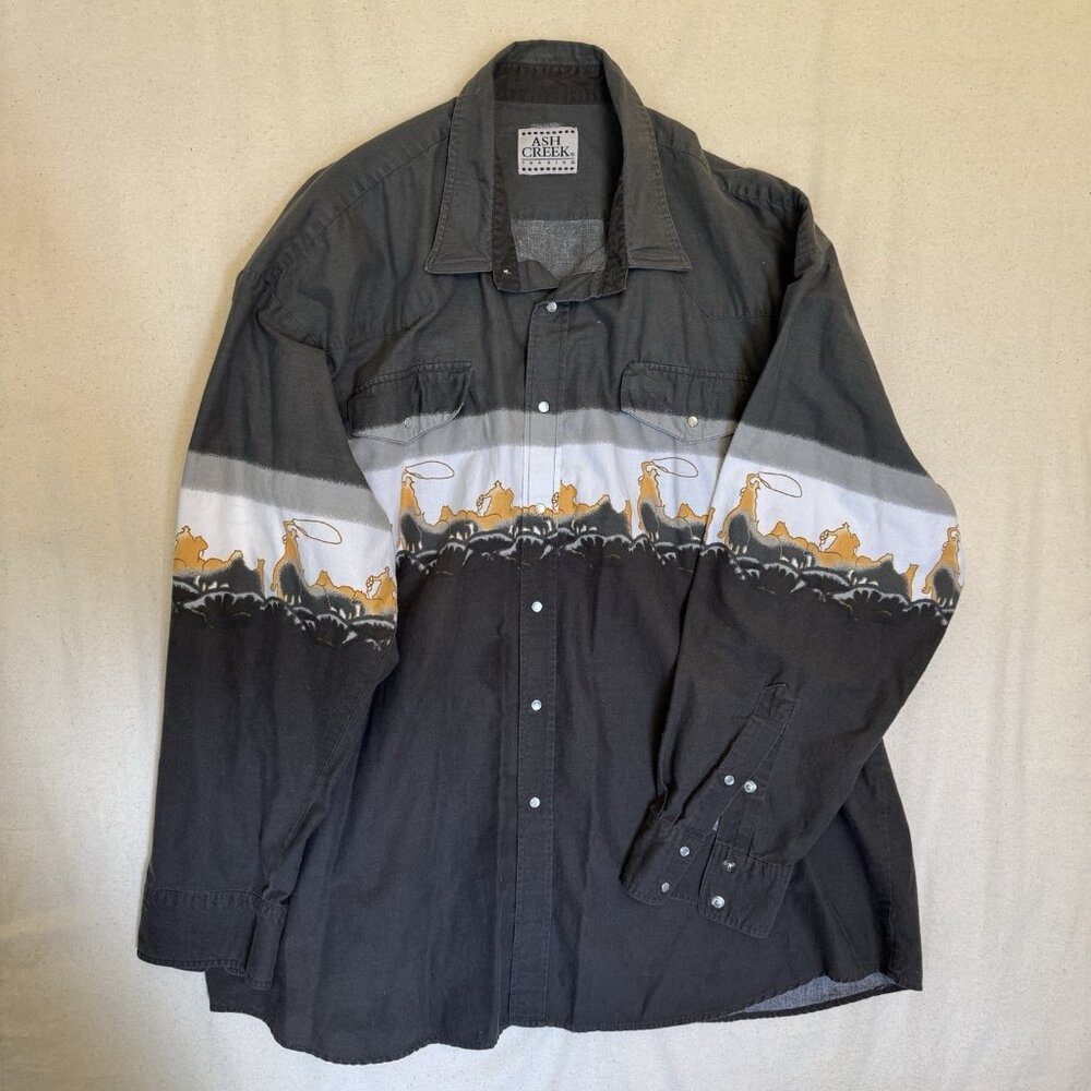 Vintage Ash Creek Shirt Mens Western Cowboy Pattern Pearl Snap Horse Rodeo XXXL
